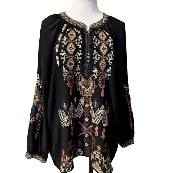 Johnny Was Long Sleeve Black Embroidered SILK Malta Tunic Top Colorful $300 - Picture 2 of 16